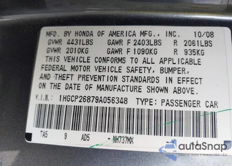2009 Honda Accord 2.4 Ex-L from USA, damaged, VIN 1HGCP26879A056348